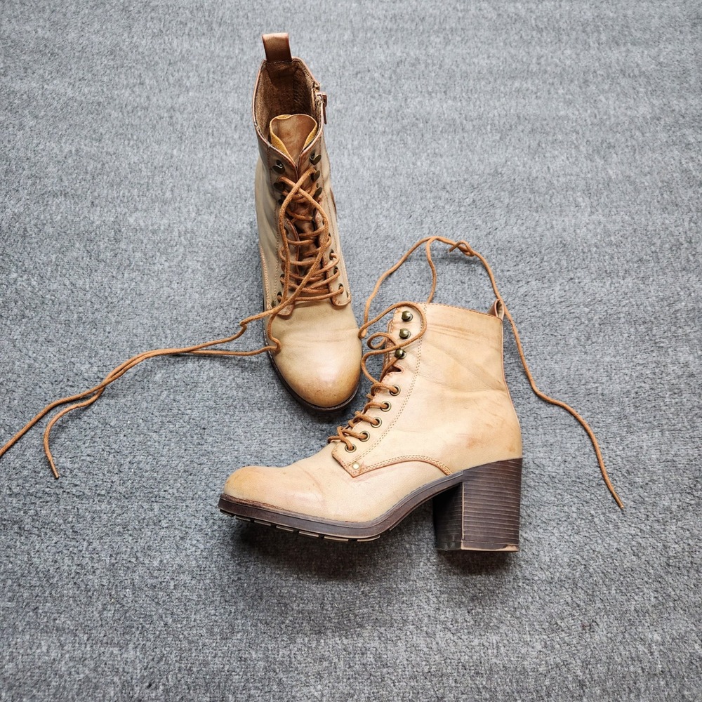JUST FAB Women Beige Leather Lace Up Side Zip Block‎ Heel Combat Boots US 9